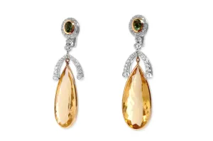 Earrings 18kt Gold Citrine Tears with Green Tourmalines & Diamonds