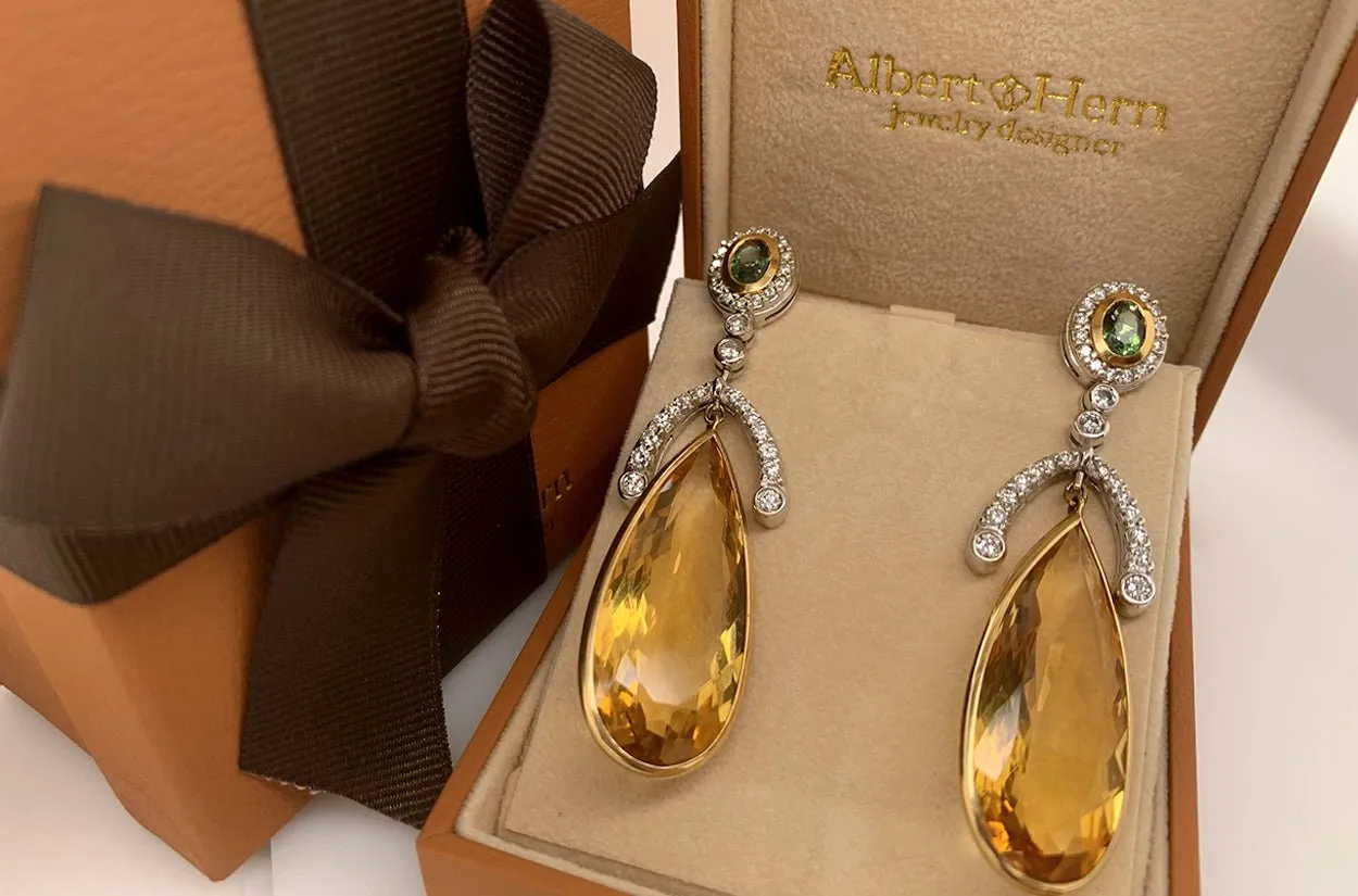 Earrings 18kt Gold Citrine Tears with Green Tourmalines & Diamonds