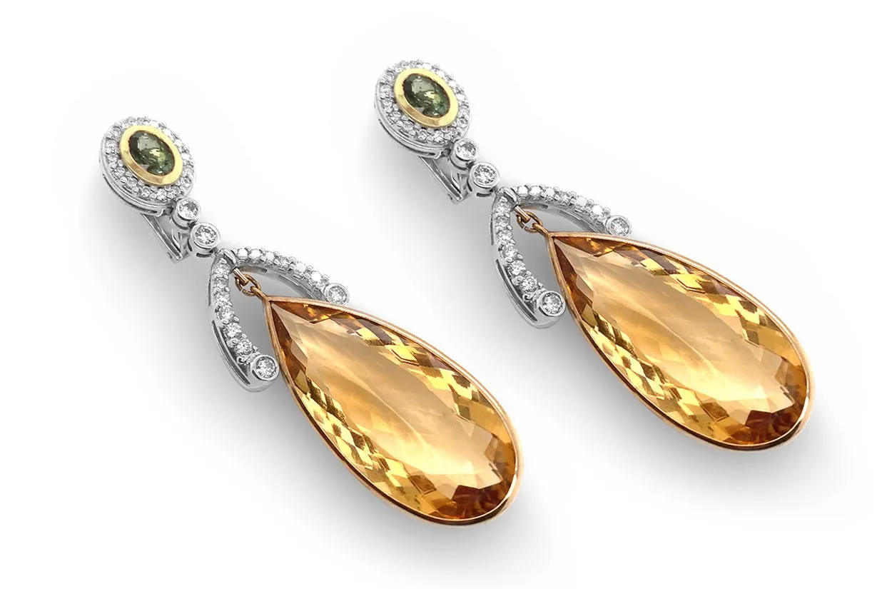 Earrings 18kt Gold Citrine Tears with Green Tourmalines & Diamonds