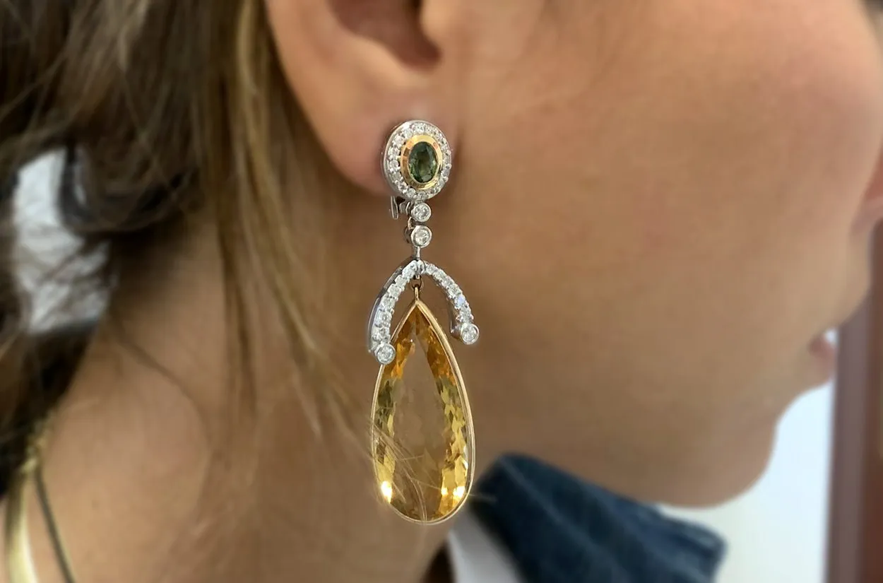 Earrings 18kt Gold Citrine Tears with Green Tourmalines & Diamonds