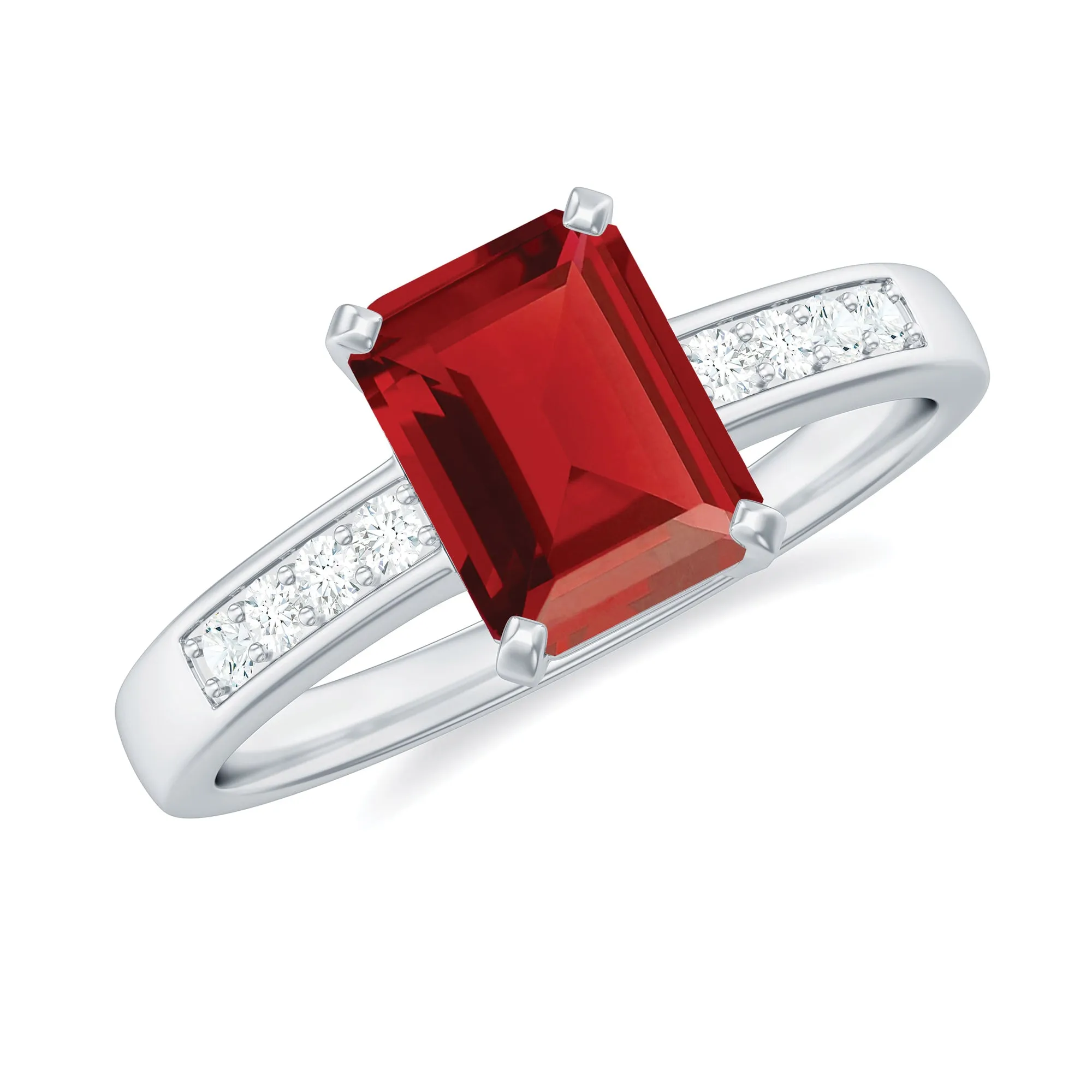 Emerald Cut Created Ruby Solitaire Ring with Diamond