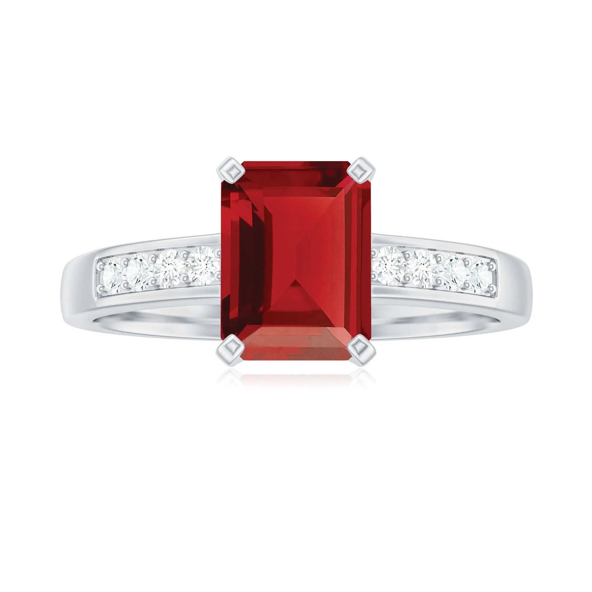 Emerald Cut Created Ruby Solitaire Ring with Diamond