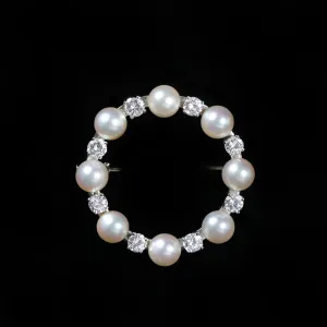 Estate 18K White Gold 1.00 CTW Diamond and Pearl Circular Brooch