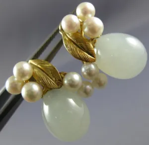 ESTATE AAA JADE & SOUTH SEA PEARL 14KT YELLOW GOLD FLOWER LEAF CLIP ON EARRINGS