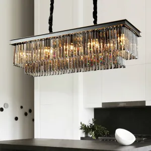 Fashion Kitchen Island Crystal Chandelier In Black/ Smoky Gray Finish Two Tiers Rectangle Chain Pendant Light/ Lamp For Long Dining Table