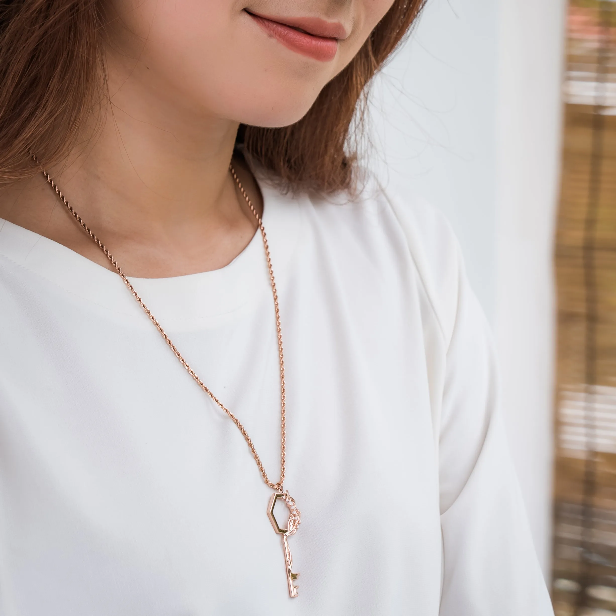 Floral Key Necklace - Rose Gold