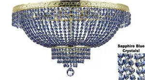 French Empire Semi Flush Crystal Chandelier Lighting - Dressed With Sapphire Blue Color Crystals H21" X W30" - F93-B82/Flush/Cg/870/14