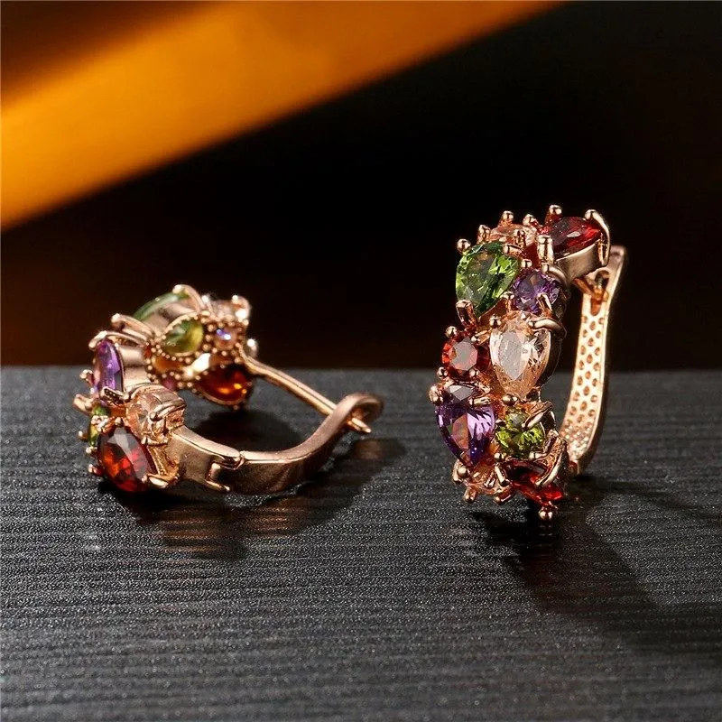 FYM Mona Lisa Luxury Rose Gold Color Multicolor Hoop Earrings For Women with Colorful Zircon Crystal Jewelry Statement Earrings