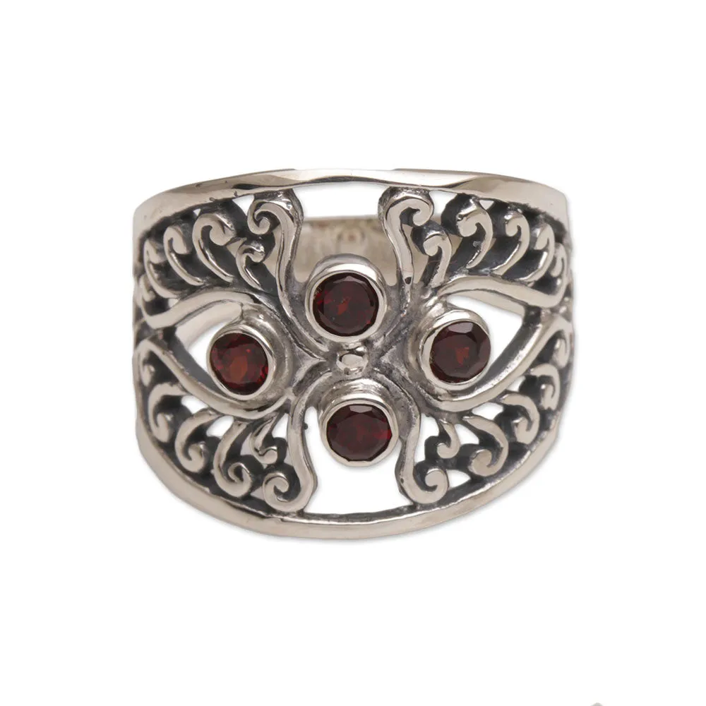 Garnet and Sterling Silver Cocktail Ring from Bali - Vine Queen | NOVICA