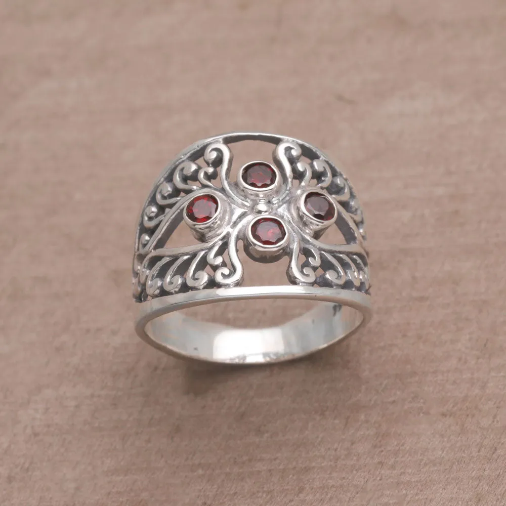 Garnet and Sterling Silver Cocktail Ring from Bali - Vine Queen | NOVICA