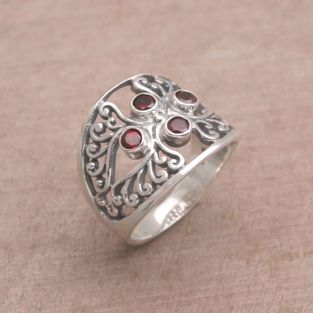 Garnet and Sterling Silver Cocktail Ring from Bali - Vine Queen | NOVICA