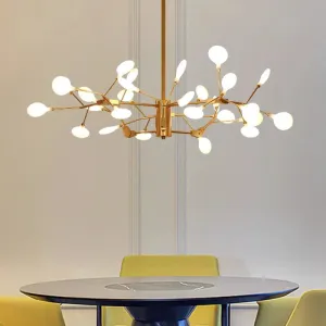 Gold LED Metal Branch Chandelier - Simple Hanging Pendant for Dining Room Ceiling