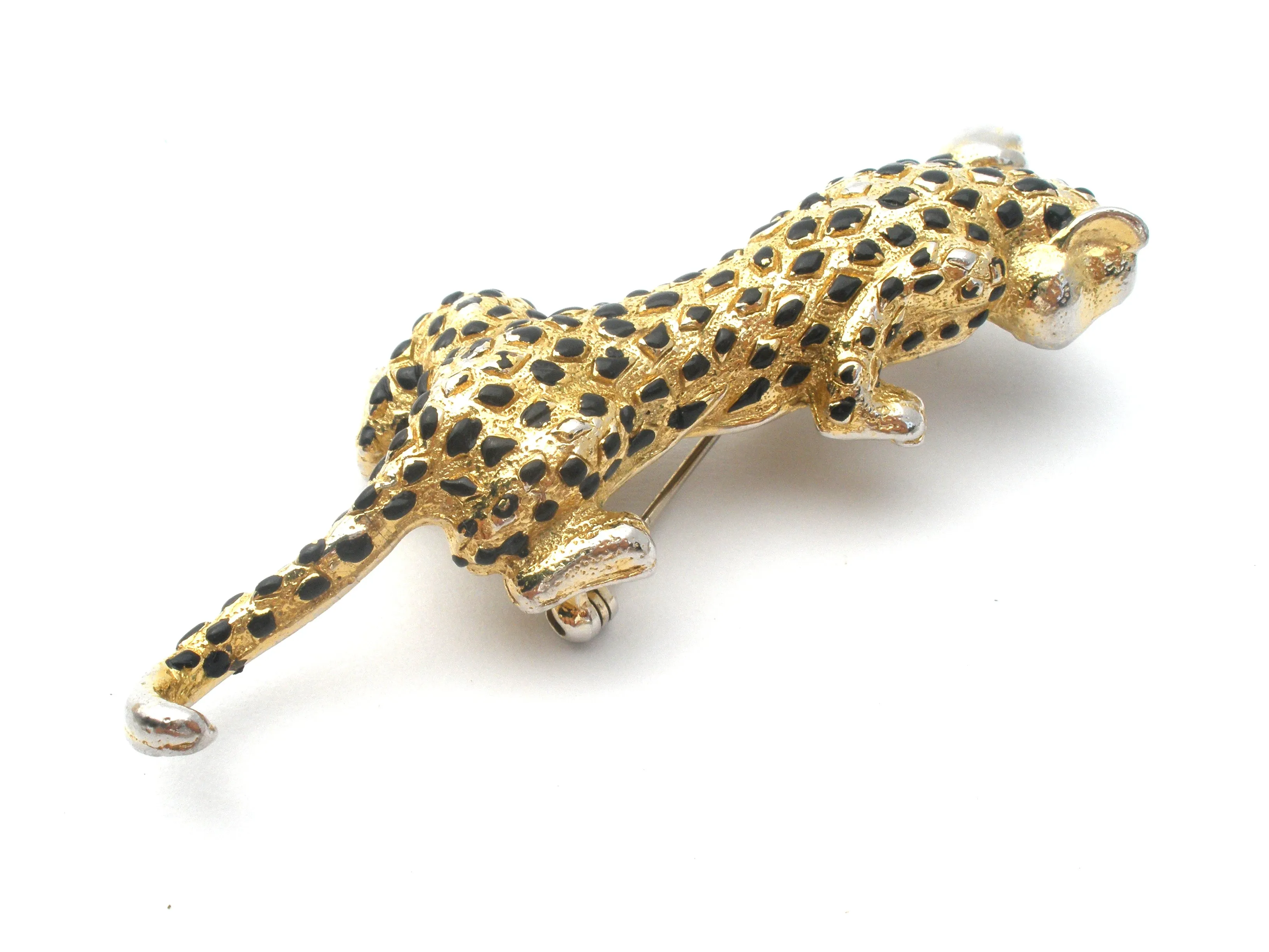 Gold Tone Black Enamel Spotted Leopard Brooch Pin