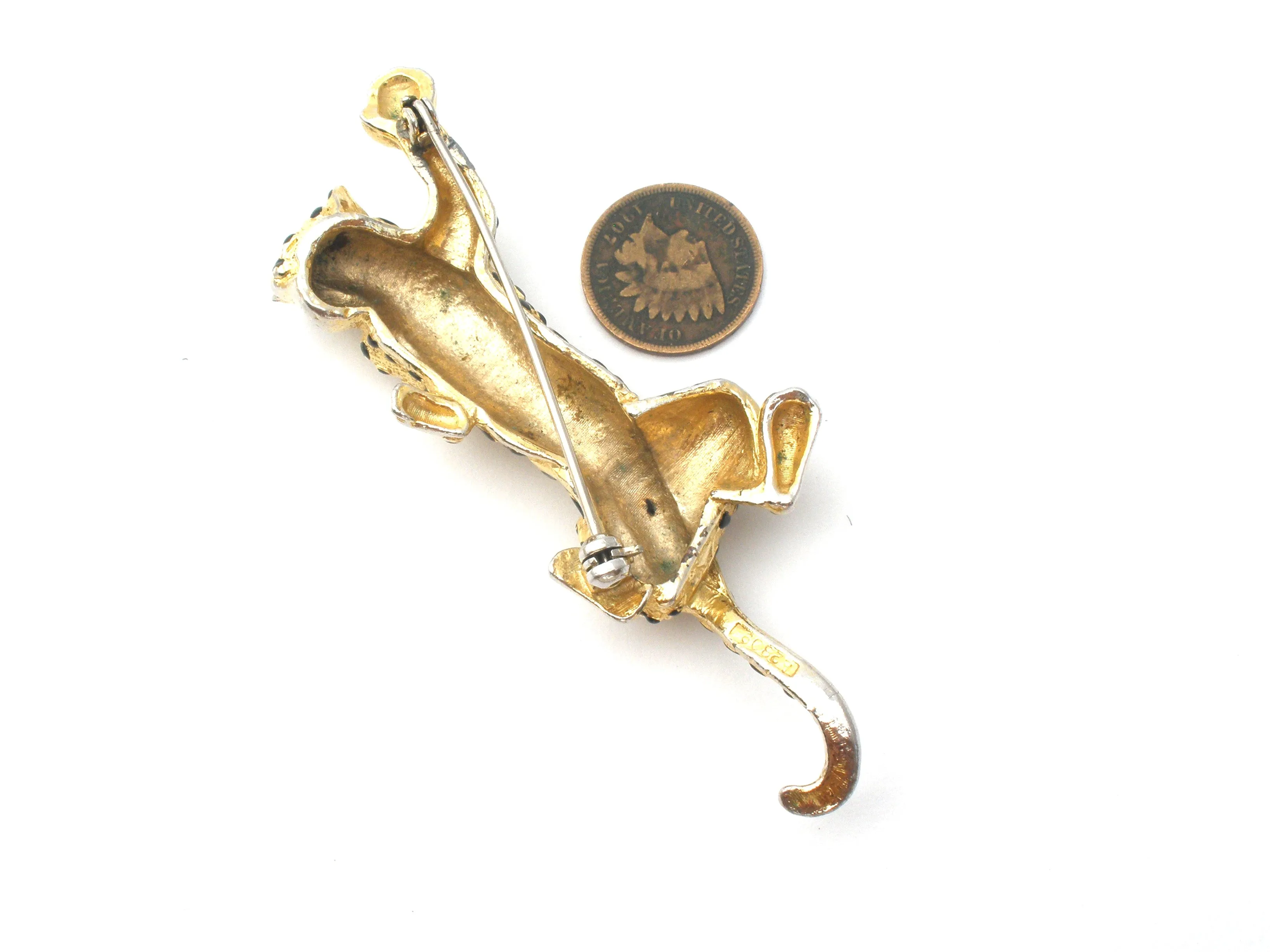 Gold Tone Black Enamel Spotted Leopard Brooch Pin