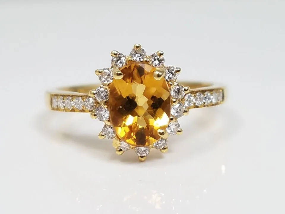 Golden Natural Citrine   Diamond 18k Yellow Gold Ring