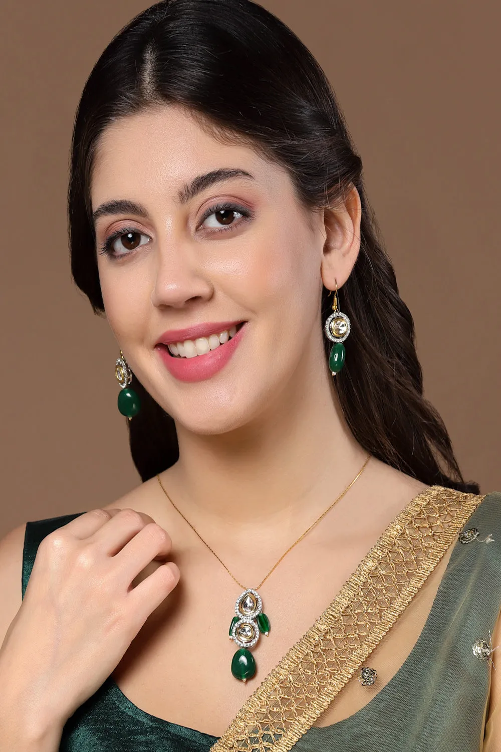 Green & Gold Haar Necklace with Earring Jewellery Set with Kundan &  American Diamonds