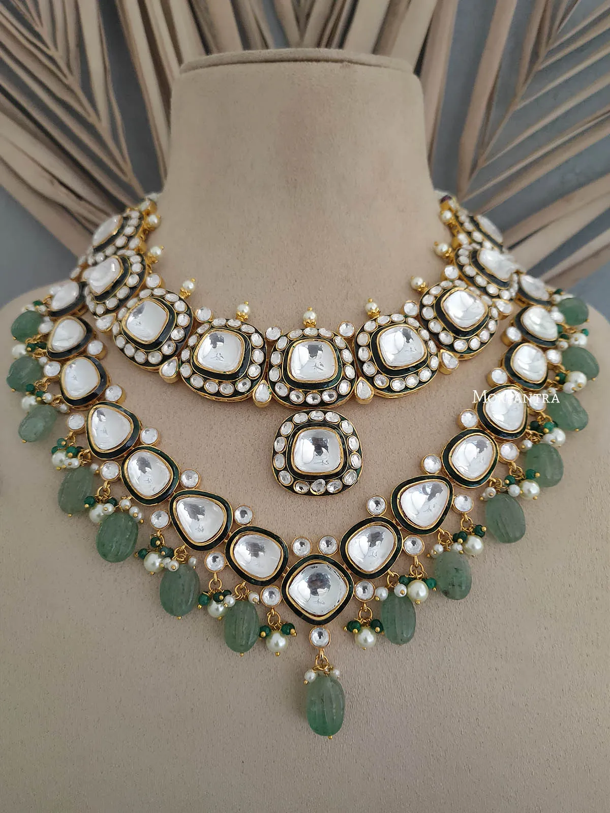 Green Color Gold Plated Faux Polki Bridal Necklace Set - PK-S5WGR