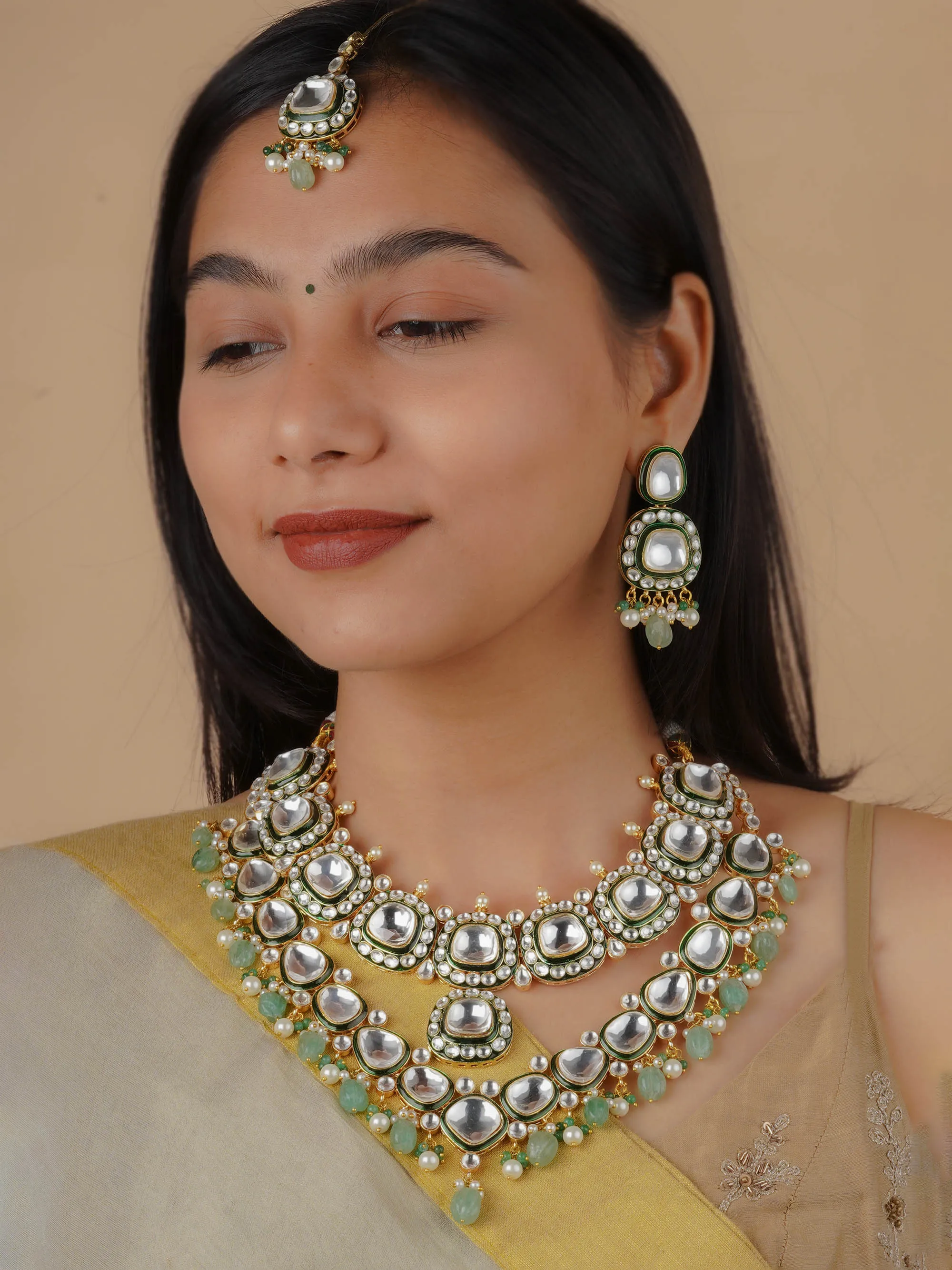 Green Color Gold Plated Faux Polki Bridal Necklace Set - PK-S5WGR