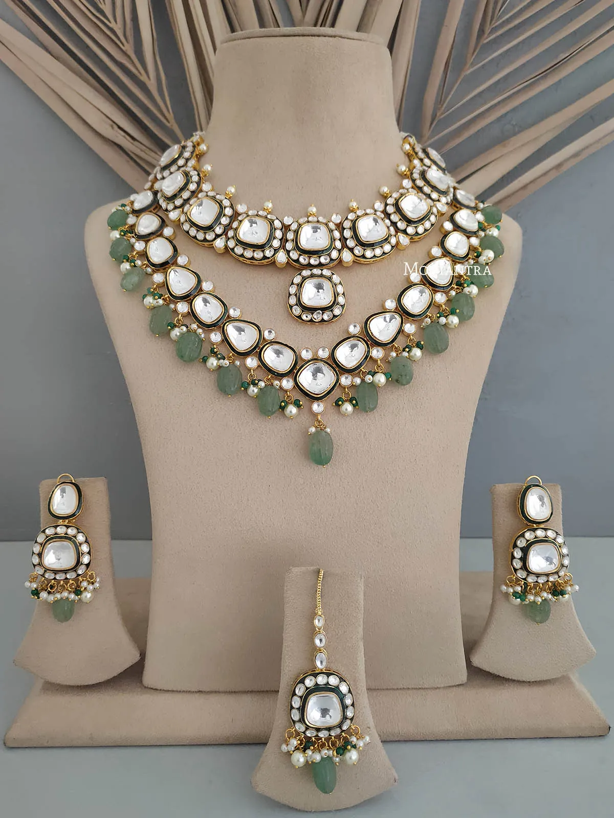 Green Color Gold Plated Faux Polki Bridal Necklace Set - PK-S5WGR