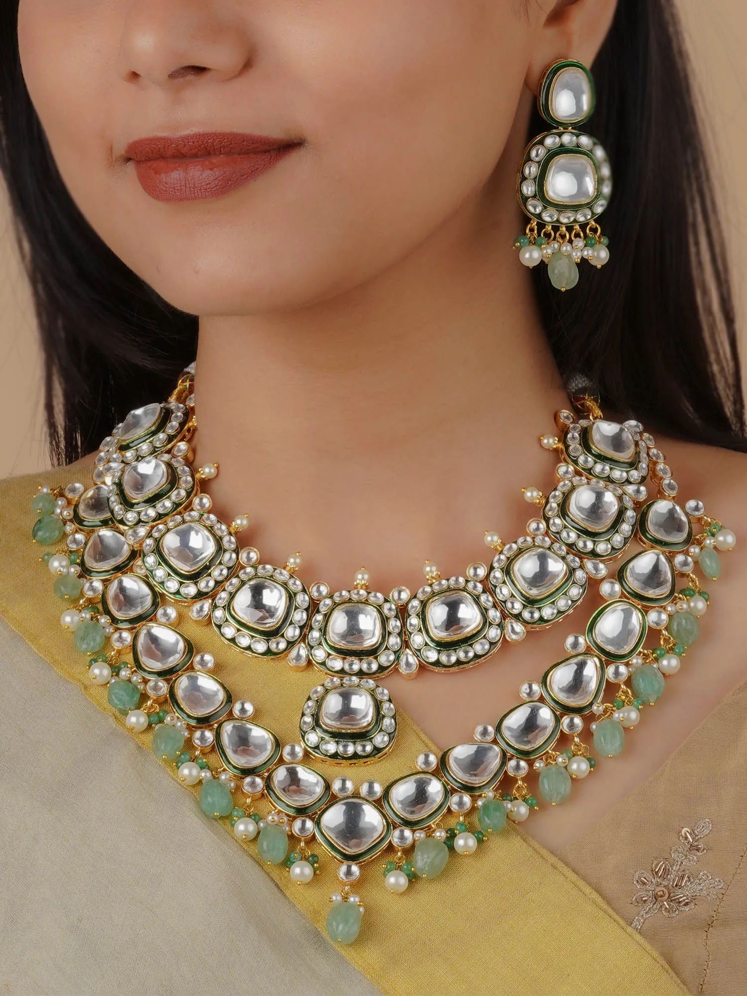 Green Color Gold Plated Faux Polki Bridal Necklace Set - PK-S5WGR