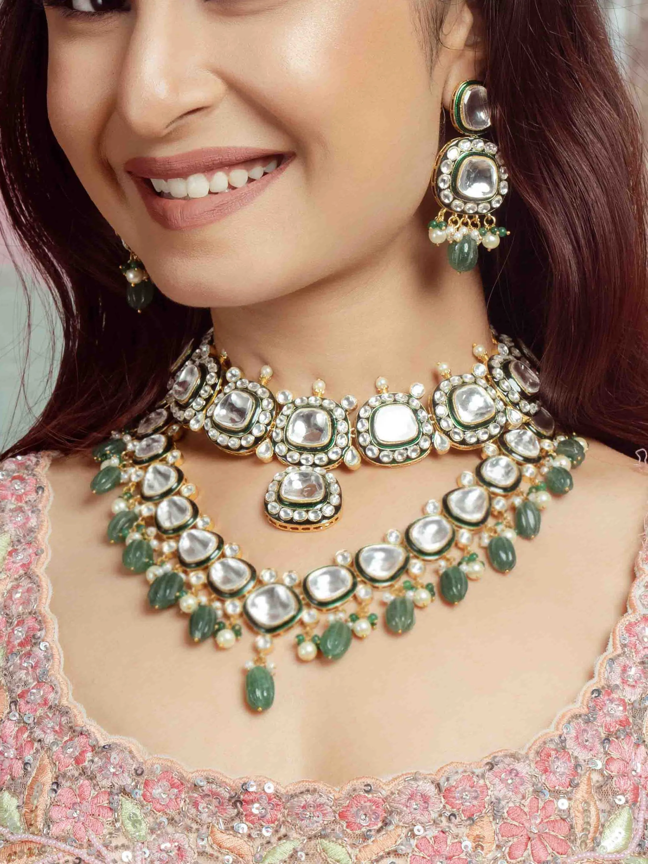 Green Color Gold Plated Faux Polki Bridal Necklace Set - PK-S5WGR