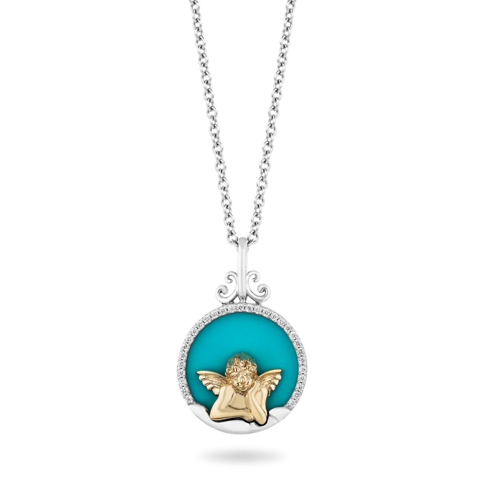 Hallmark Fine Jewelry Turquoise & Diamond Cherub Necklace in Sterling Silver & 14K Yellow Gold