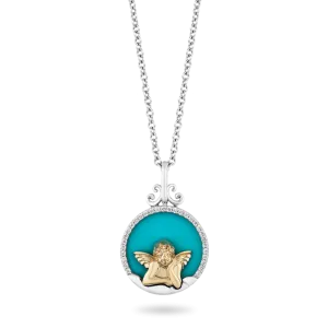 Hallmark Fine Jewelry Turquoise & Diamond Cherub Necklace in Sterling Silver & 14K Yellow Gold