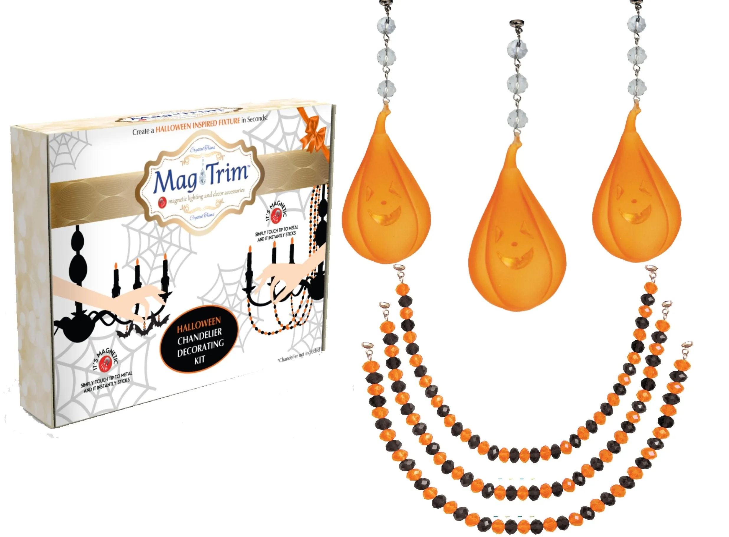 HALLOWEEN CHANDELIER MAKEOVER KIT - (3) Glass Pumpkin   (3) 12" Orange/Black Garland (Set/6)