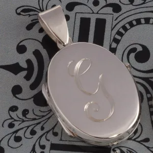 Hand Engraved Sterling Silver Oval Locket and Chain