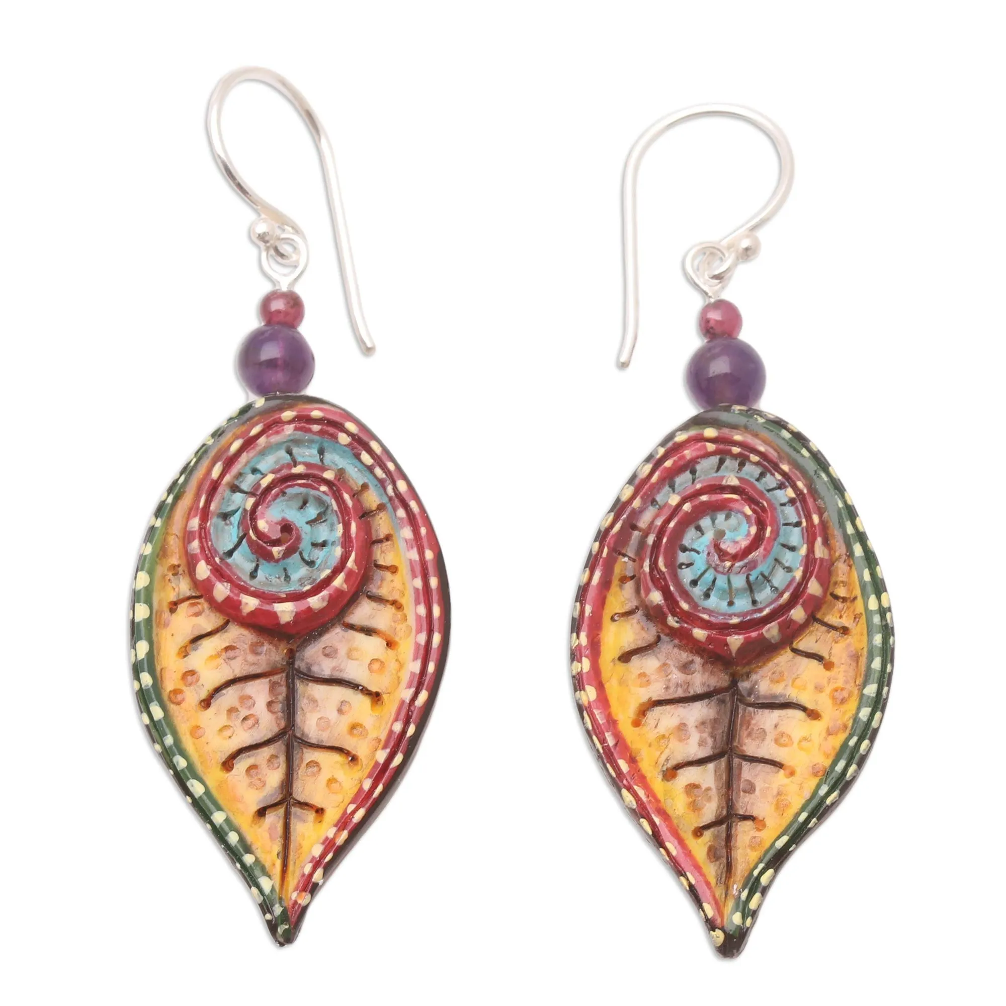 Hand-Painted Amethyst and Garnet Dangle Earrings - Marine Park | NOVICA