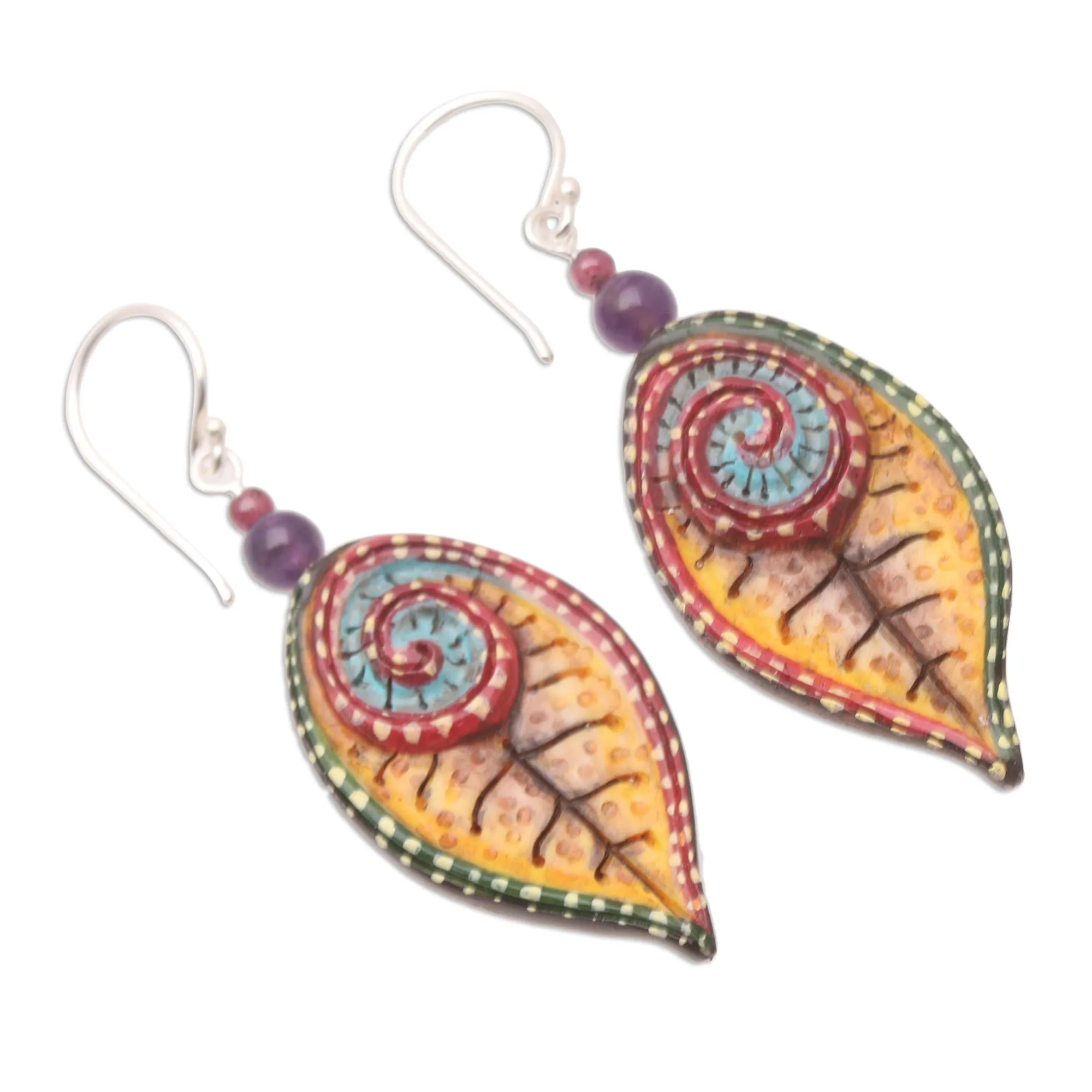 Hand-Painted Amethyst and Garnet Dangle Earrings - Marine Park | NOVICA