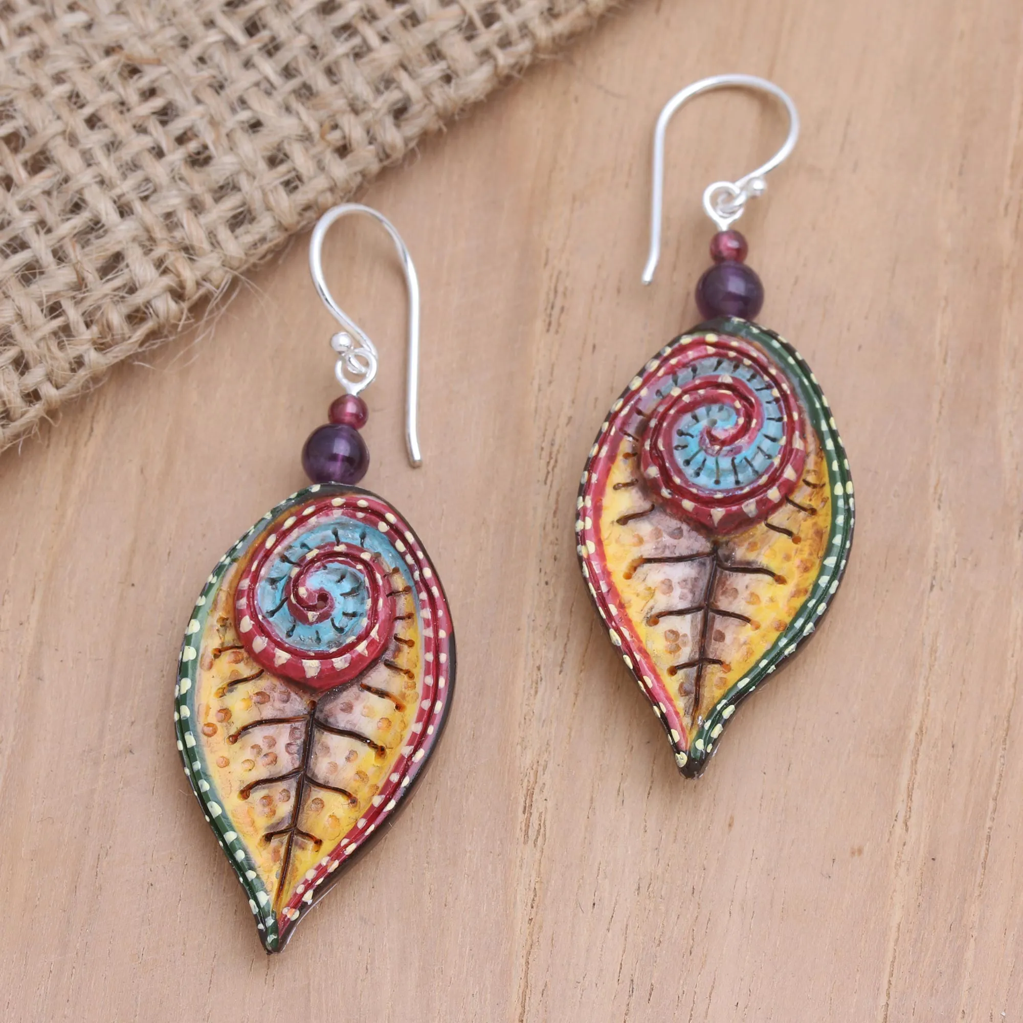 Hand-Painted Amethyst and Garnet Dangle Earrings - Marine Park | NOVICA