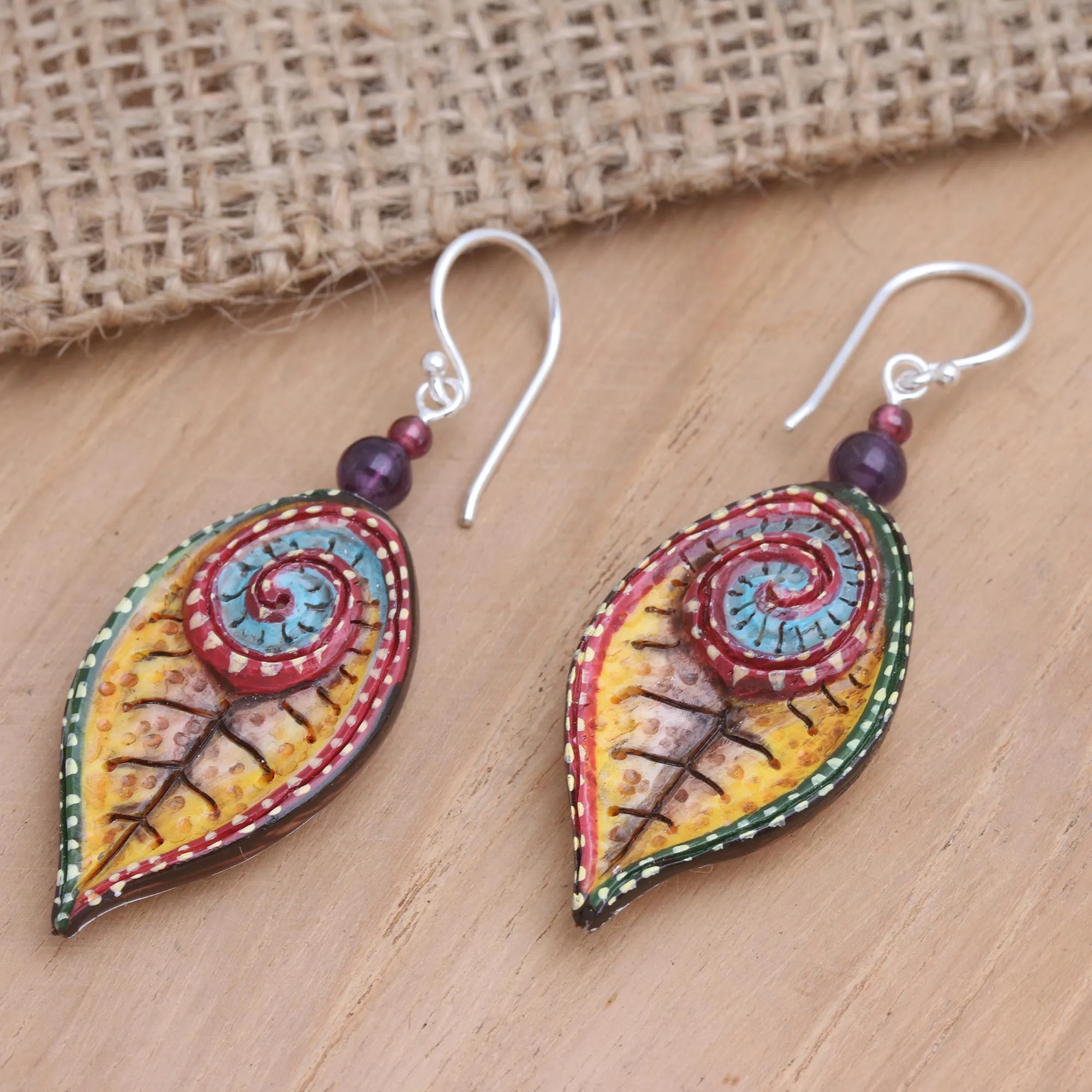 Hand-Painted Amethyst and Garnet Dangle Earrings - Marine Park | NOVICA