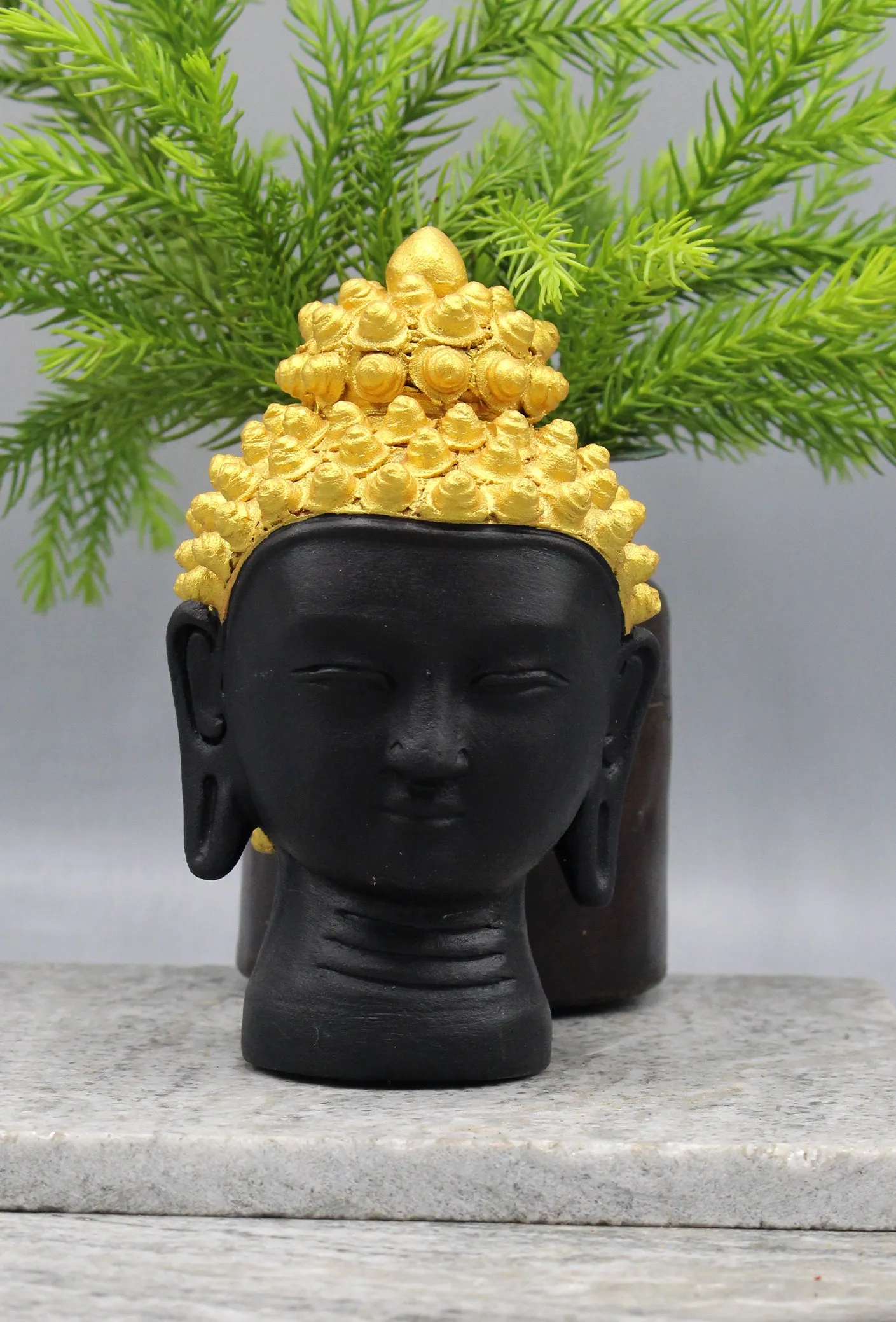 Handmade Black Buddha Head Sculpture with Golden Crown