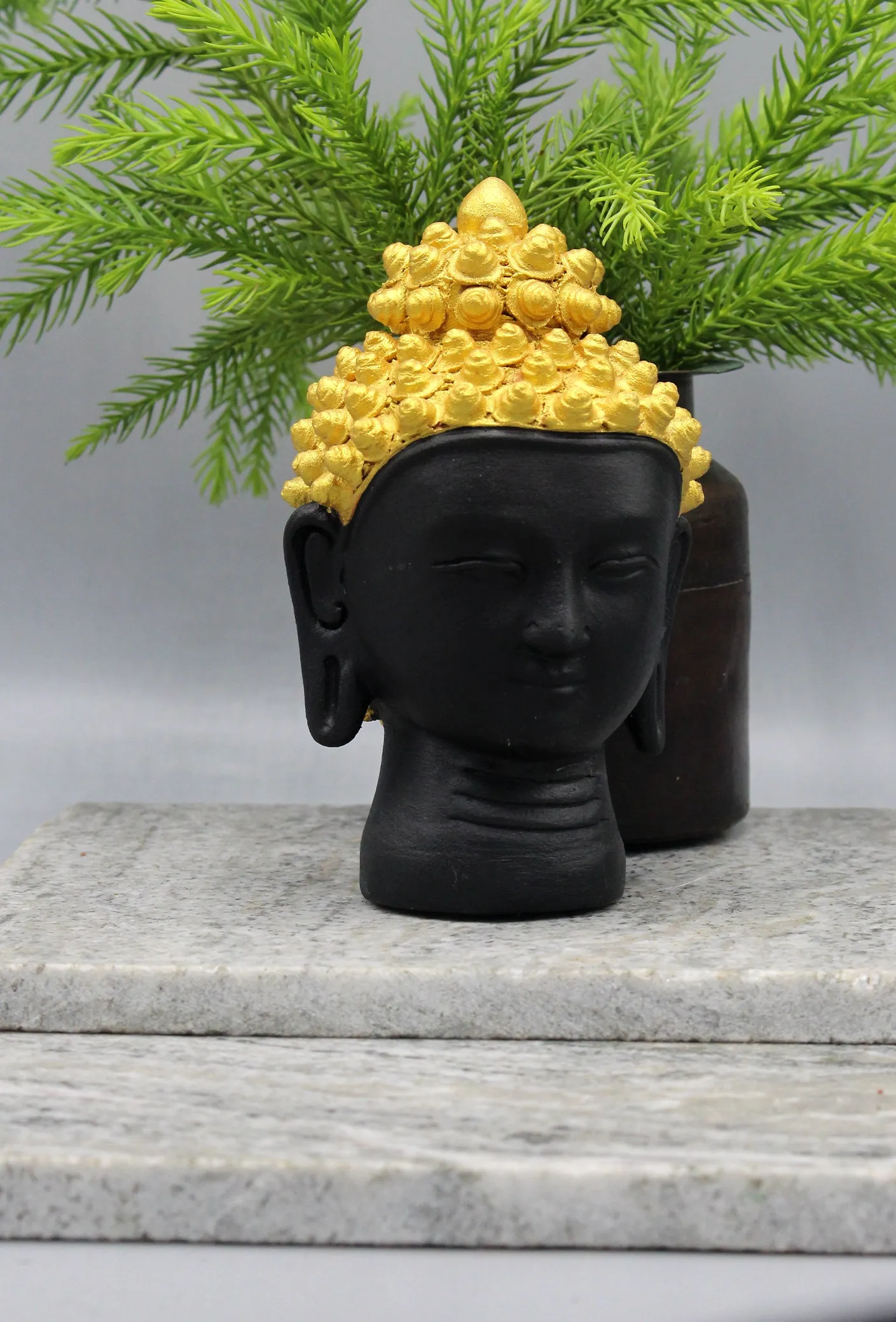 Handmade Black Buddha Head Sculpture with Golden Crown