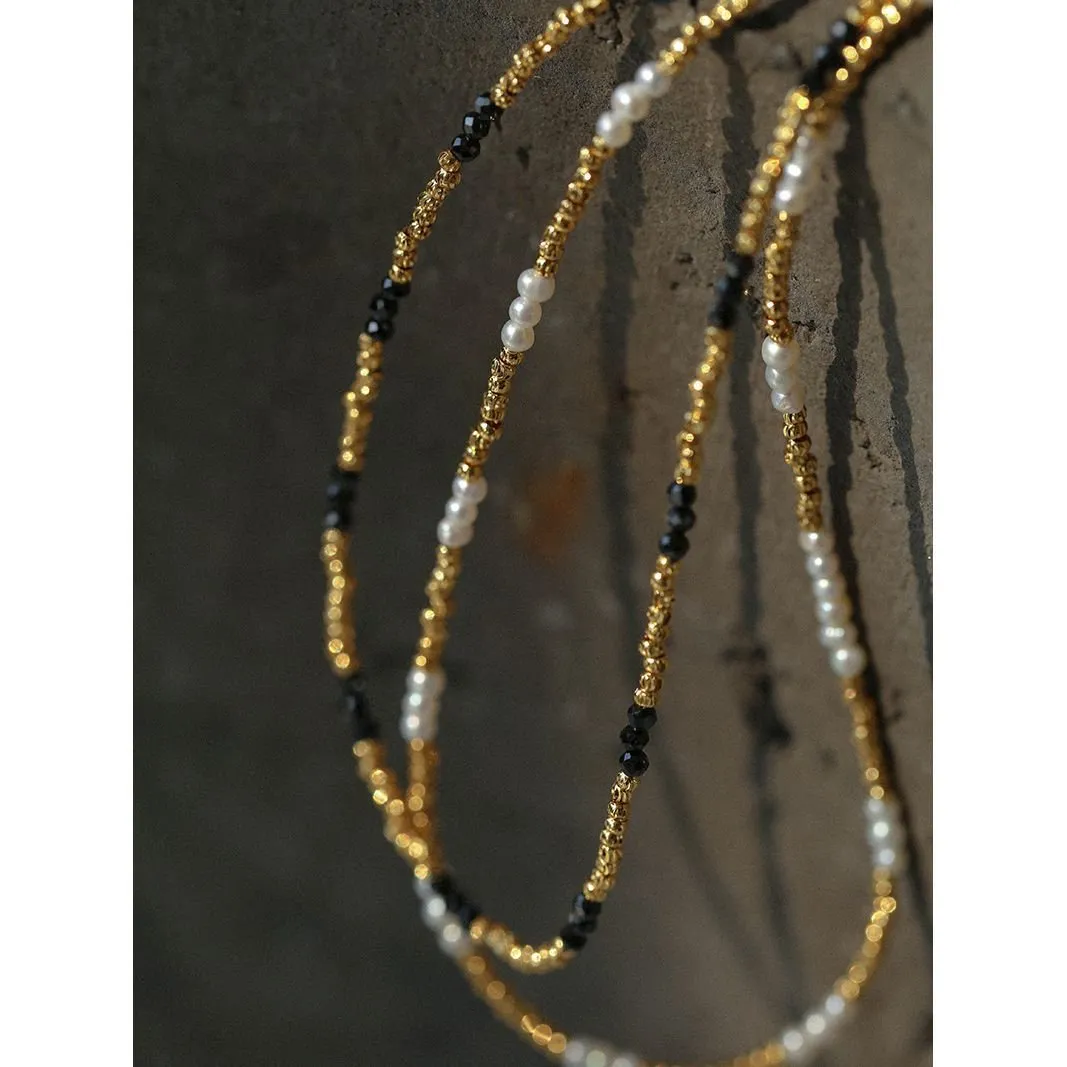 Handmade Black Spinel Golden Bean Mini Beaded Necklace