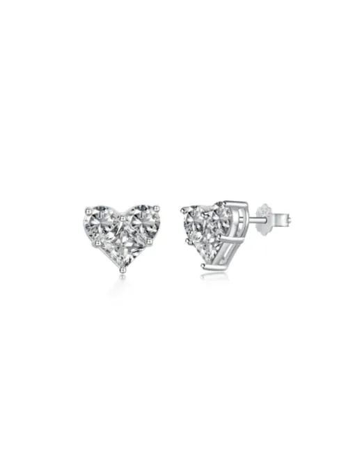 Heart Stud Earrings 925 Sterling Silver Zircon Pink Heart Statement Luxury Jewelry