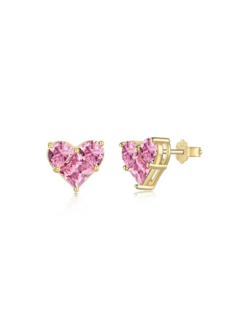 Heart Stud Earrings 925 Sterling Silver Zircon Pink Heart Statement Luxury Jewelry