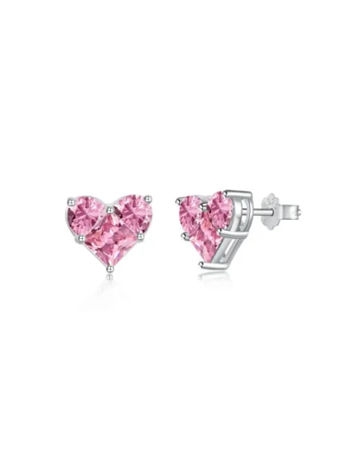 Heart Stud Earrings 925 Sterling Silver Zircon Pink Heart Statement Luxury Jewelry