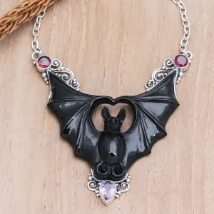 Horn Amethyst Garnet & Sterling Silver Bat Pendant Necklace - Midnight Bat | NOVICA