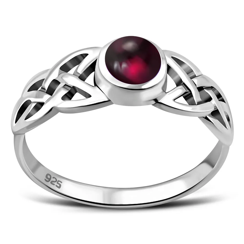 Irish Gaelic Celtic Knot 925 Sterling Silver Ring With Garnet Stone