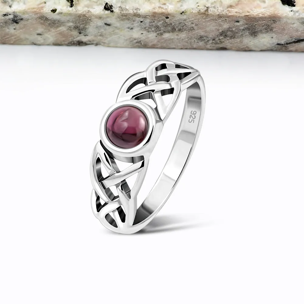 Irish Gaelic Celtic Knot 925 Sterling Silver Ring With Garnet Stone