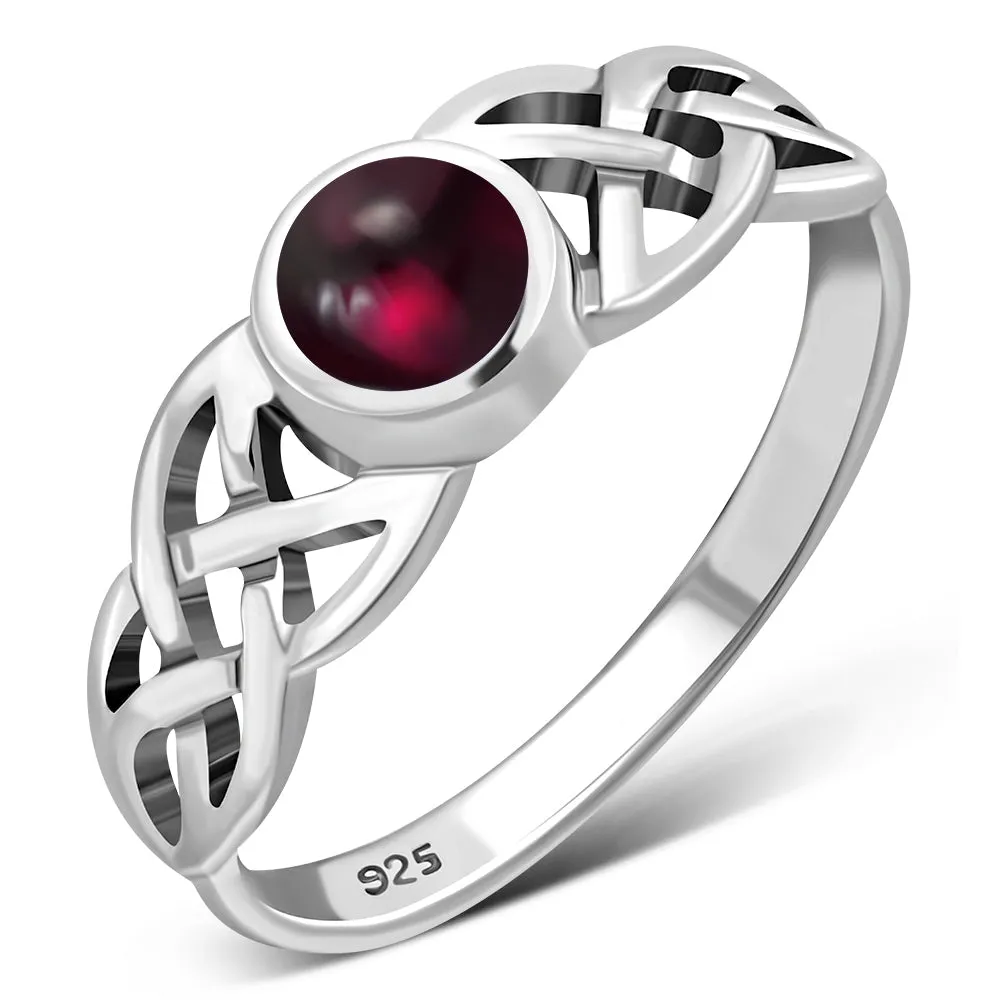 Irish Gaelic Celtic Knot 925 Sterling Silver Ring With Garnet Stone