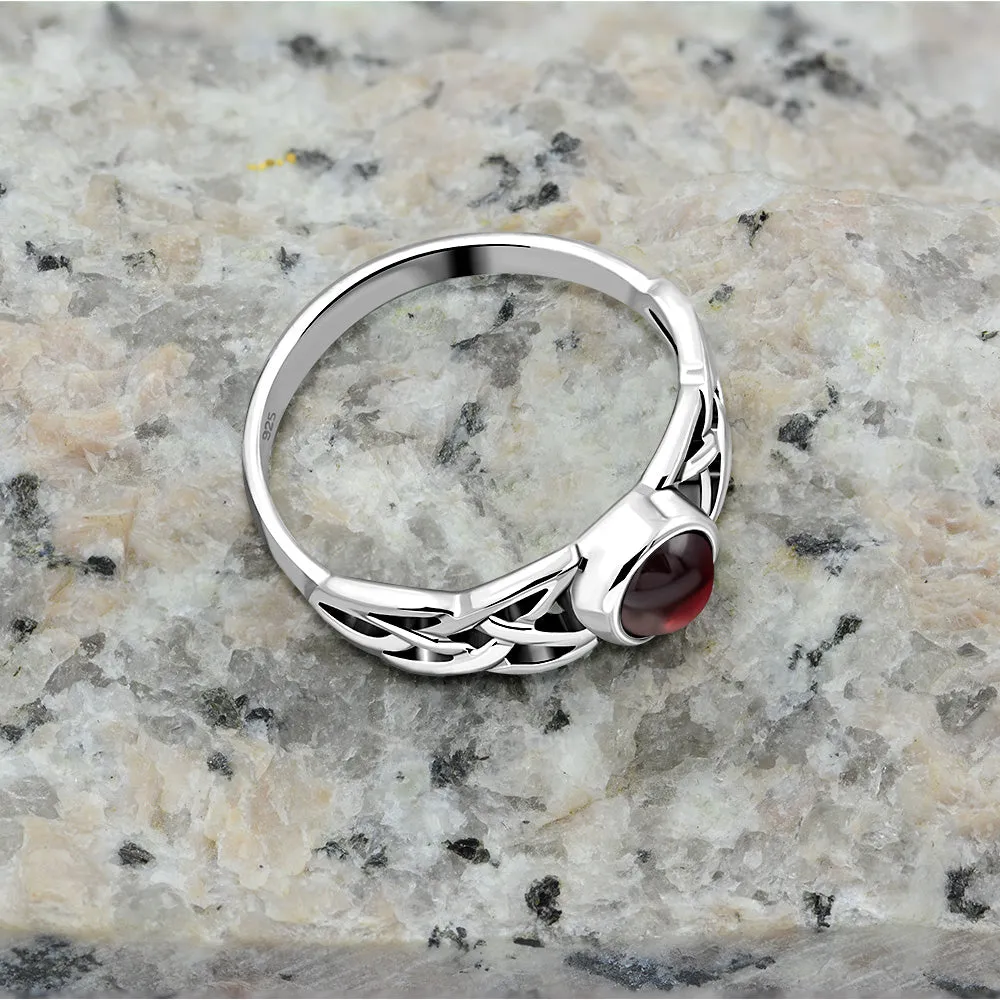 Irish Gaelic Celtic Knot 925 Sterling Silver Ring With Garnet Stone