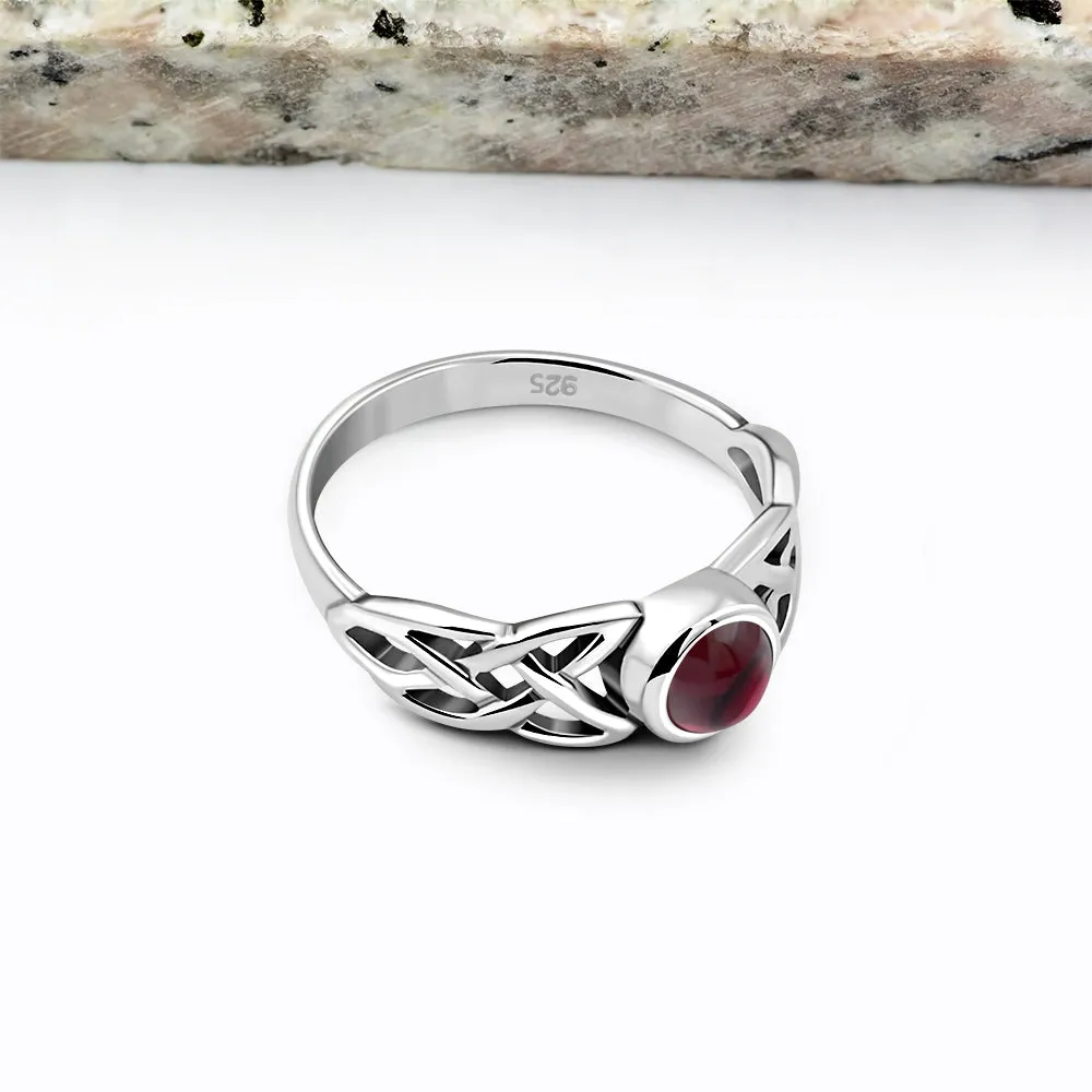 Irish Gaelic Celtic Knot 925 Sterling Silver Ring With Garnet Stone