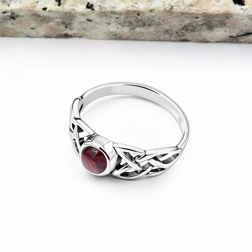 Irish Gaelic Celtic Knot 925 Sterling Silver Ring With Garnet Stone