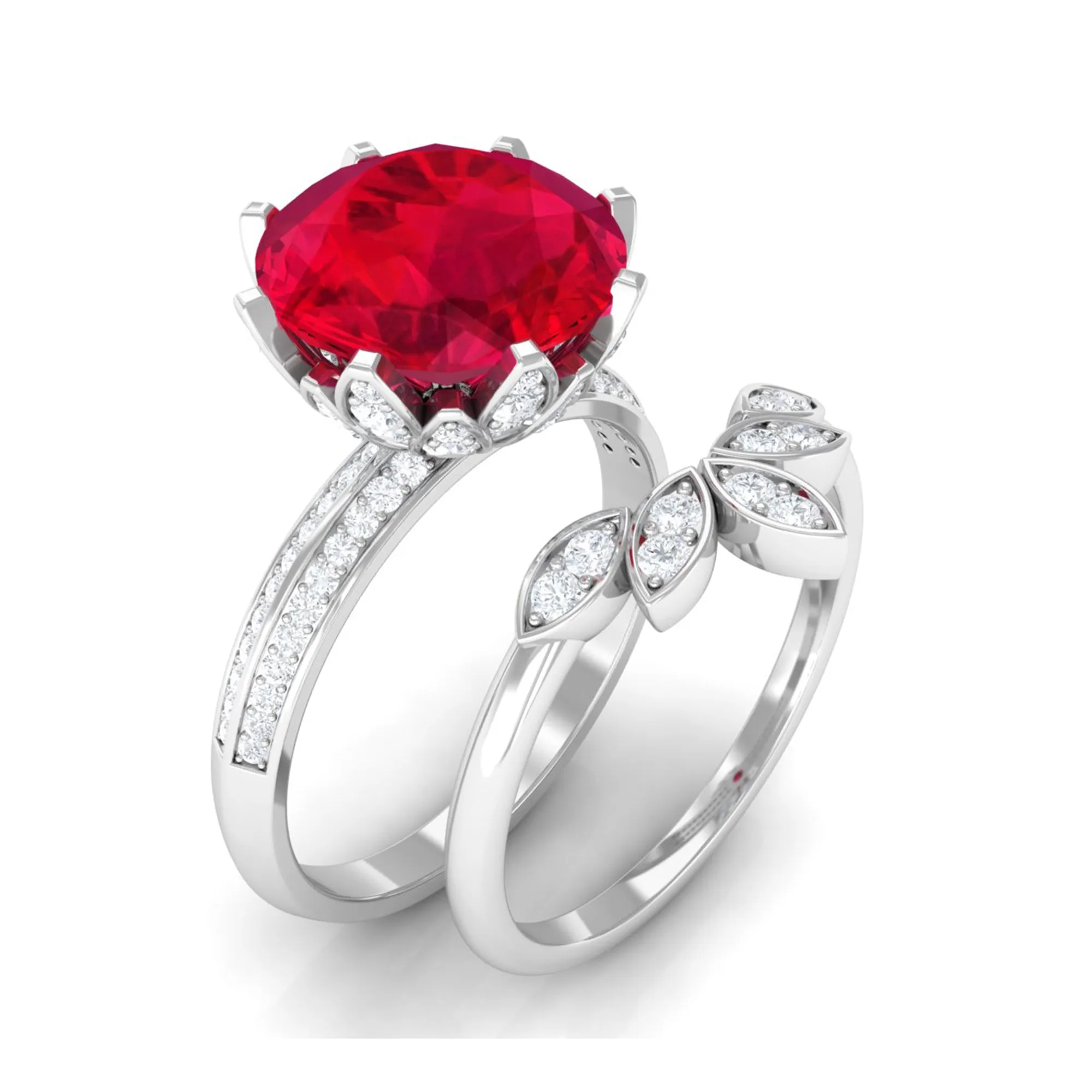 Lab Grown Ruby Flower Bridal Engagement Ring Set with Moissanite