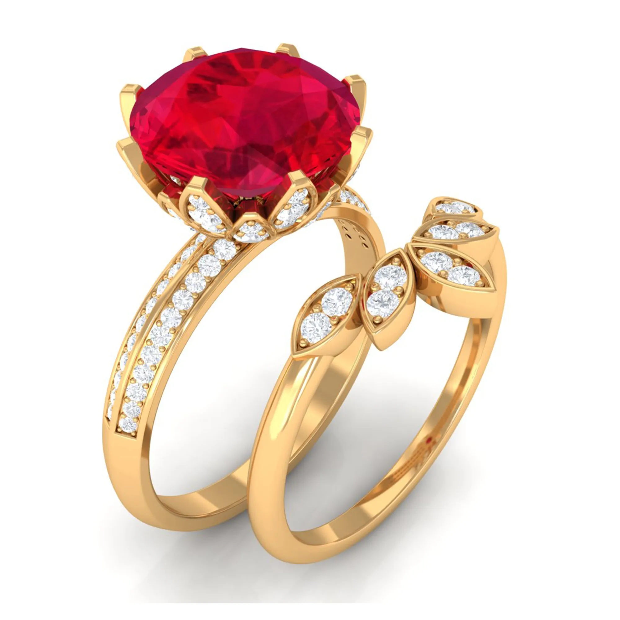 Lab Grown Ruby Flower Bridal Engagement Ring Set with Moissanite