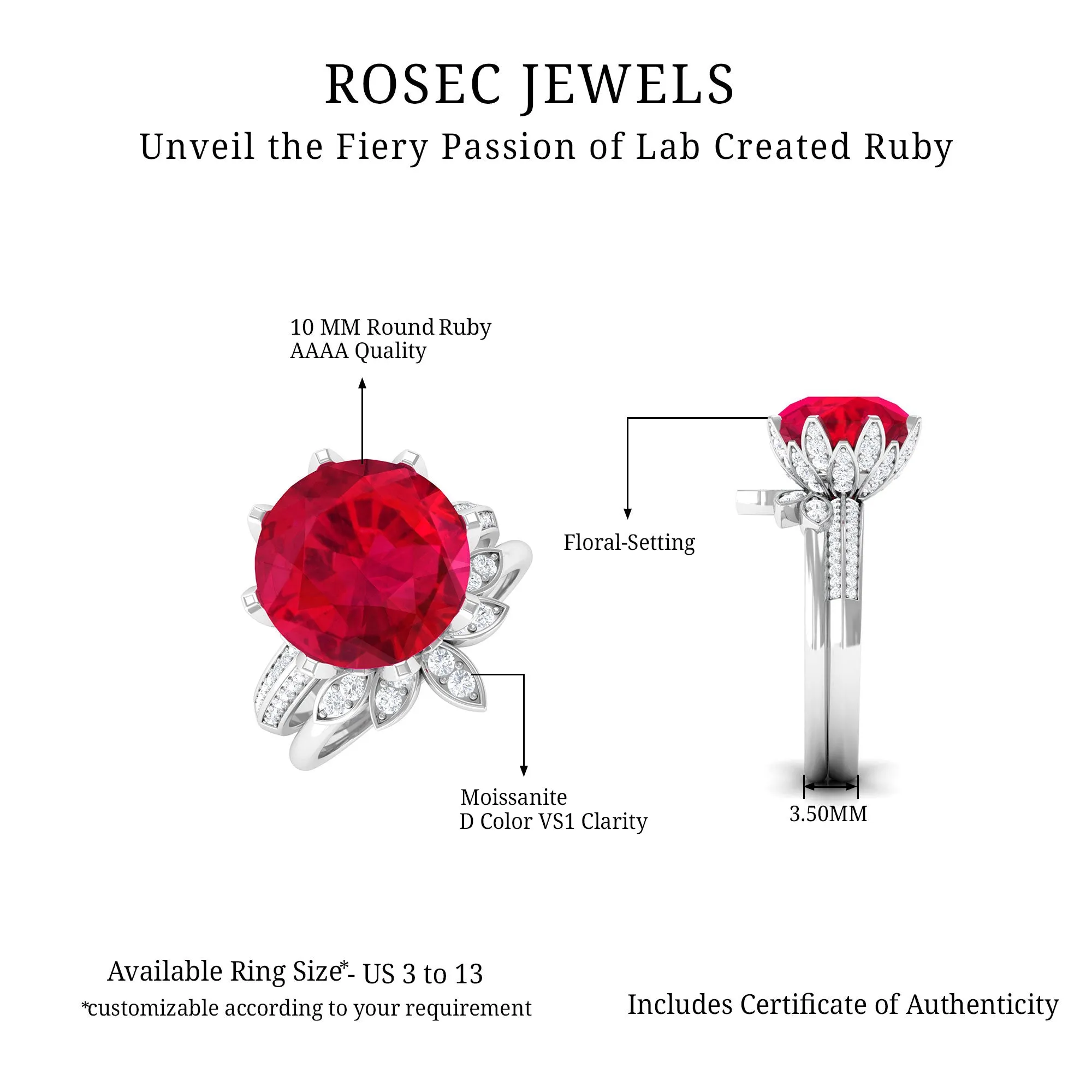 Lab Grown Ruby Flower Bridal Engagement Ring Set with Moissanite