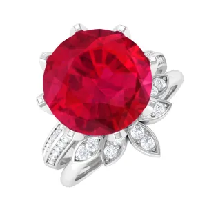 Lab Grown Ruby Flower Bridal Engagement Ring Set with Moissanite